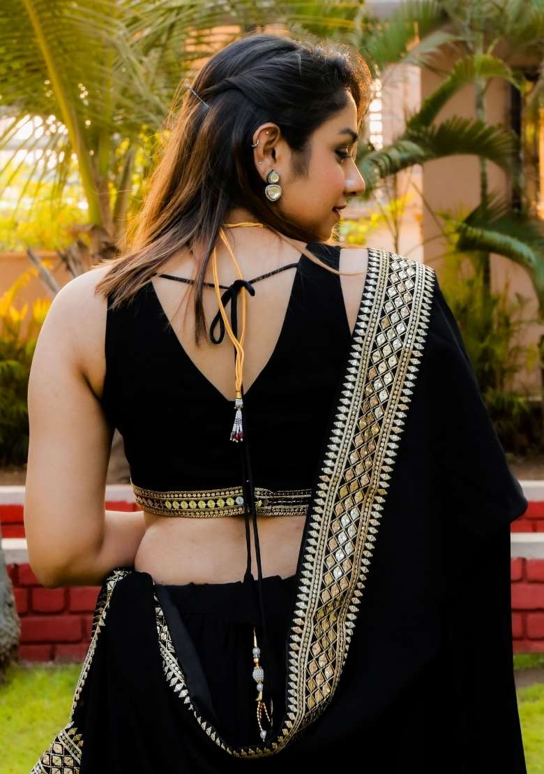 Black Georgette Lehenga Set with Embroidered for Diwali | Wedding & Festive Wear - Indya