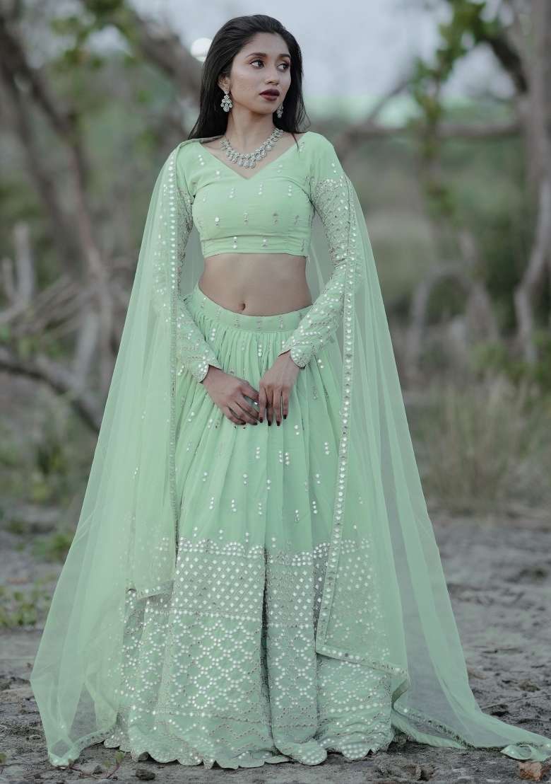 Light Green Embroidered Georgette Lehenga Set for Diwali and Festive Wear - Indya