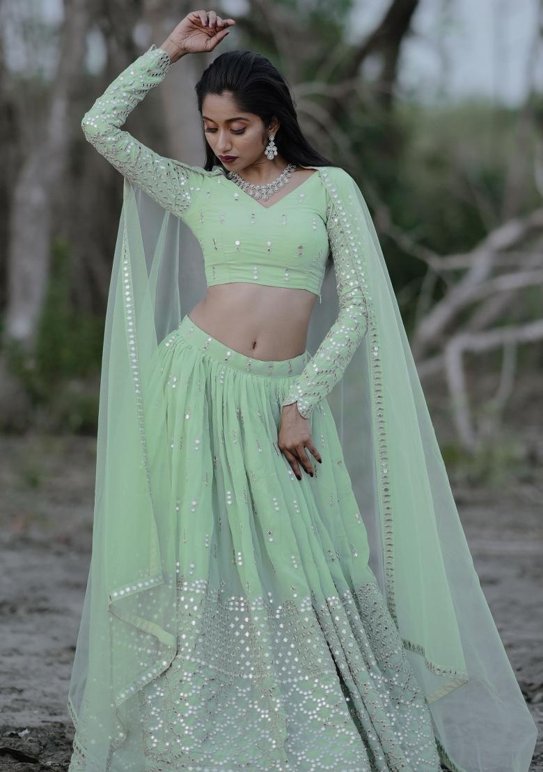 Light Green Embroidered Georgette Lehenga Set - Indya