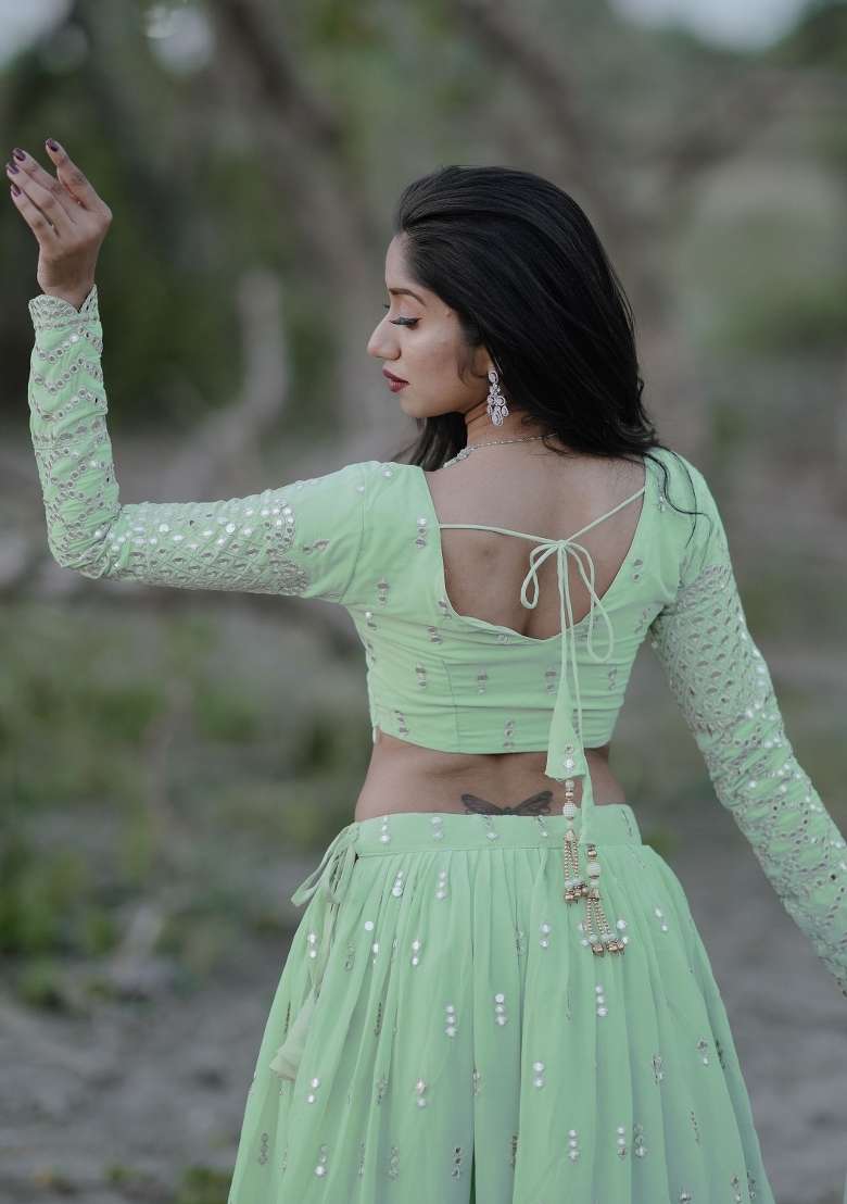 Light Green Embroidered Georgette Lehenga Set for Diwali and Festive Wear - Indya