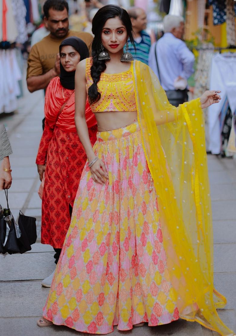Yellow Embroidered Chiffon Lehenga Set - Indya
