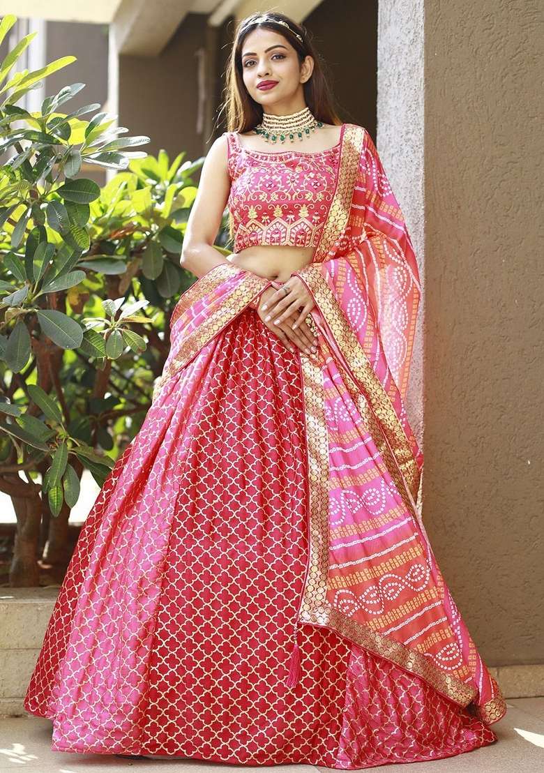 Pink Chiffon Lehenga Set with Embroidered for Diwali | Wedding & Festive Wear - Indya