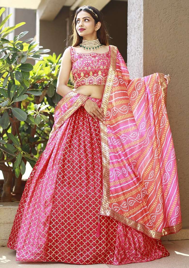 Pink Chiffon Lehenga Set with Embroidered for Diwali | Wedding & Festive Wear - Indya