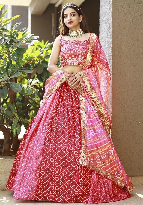 Pink Embroidered Chiffon Lehenga Set