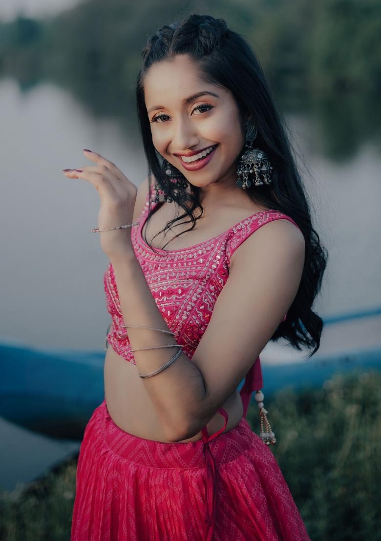 Pink Embroidered Organza Lehenga Set - Indya