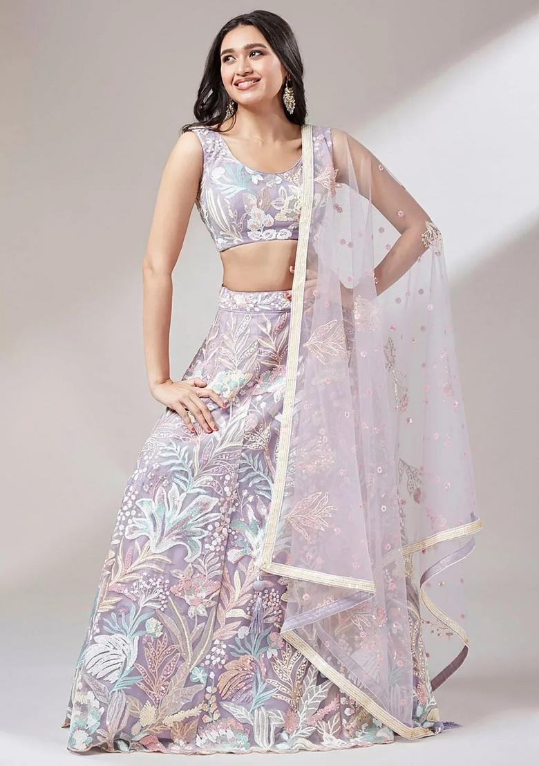 Lavender Embroidered Net Lehenga Set - Indya