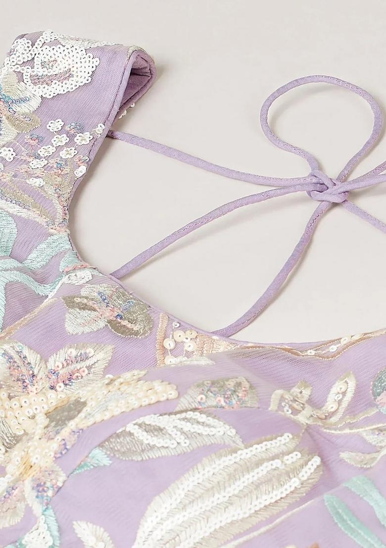 Lavender Embroidered Net Lehenga Set - Indya