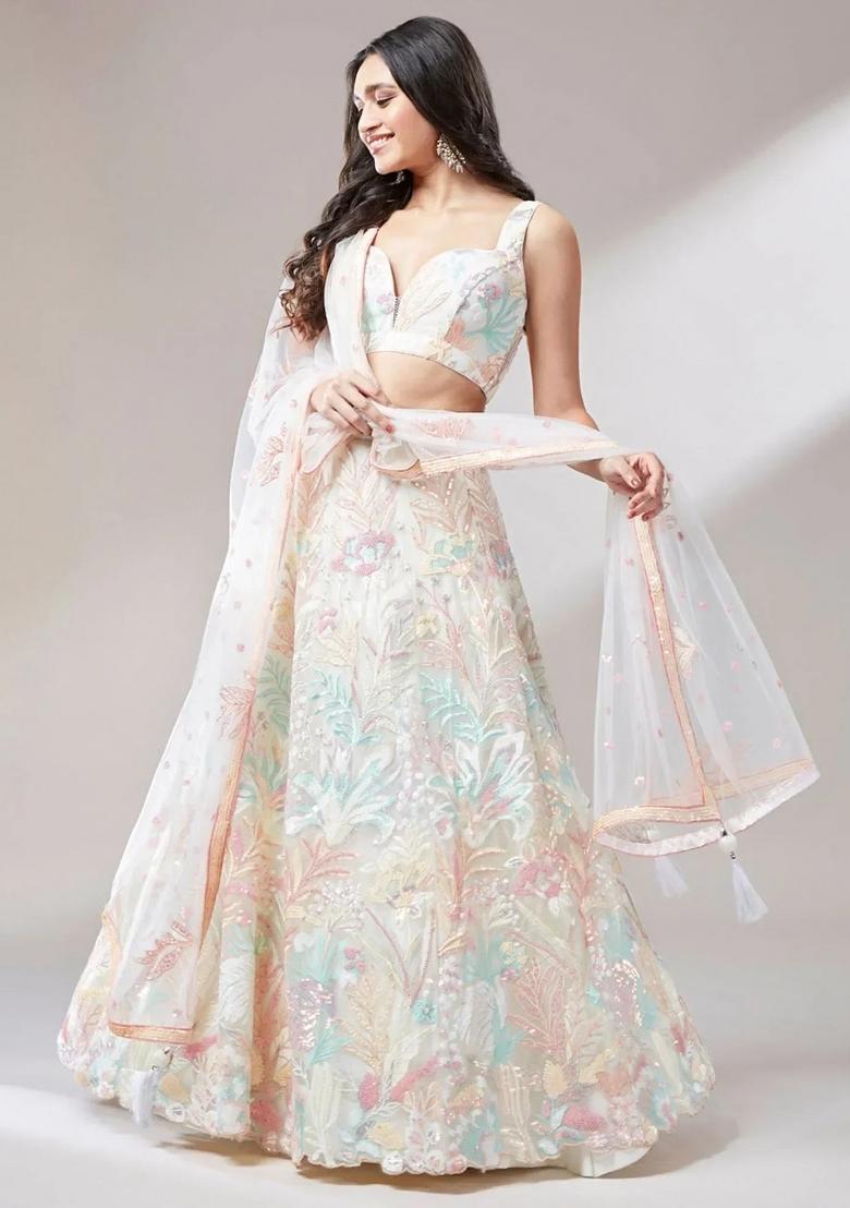 Off White Embroidered Net Lehenga Set - Indya