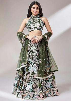 Olive Embroidered Net Lehenga Set