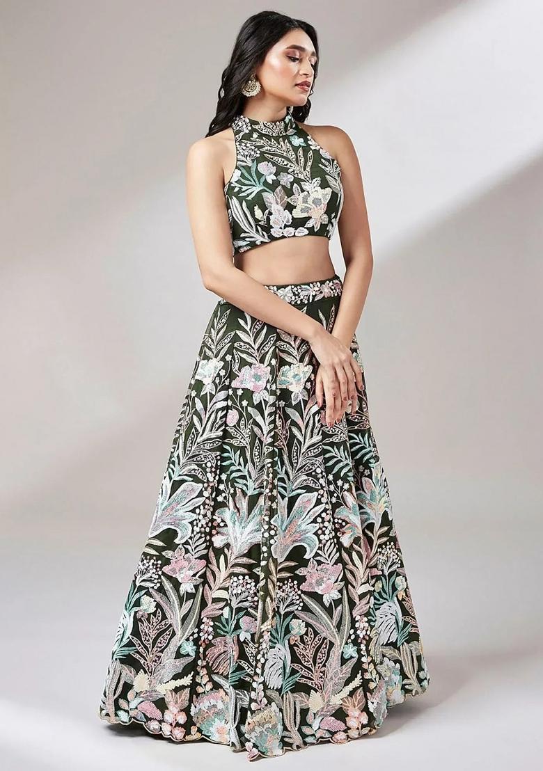 Olive Embroidered Net Lehenga Set - Indya
