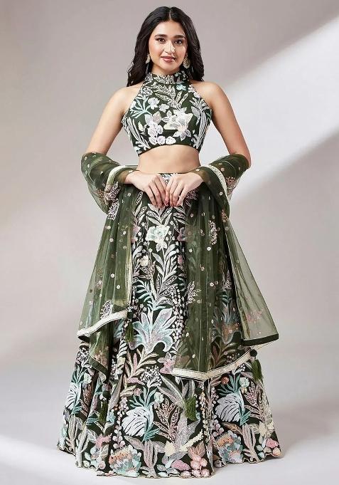 Olive Embroidered Net Lehenga Set