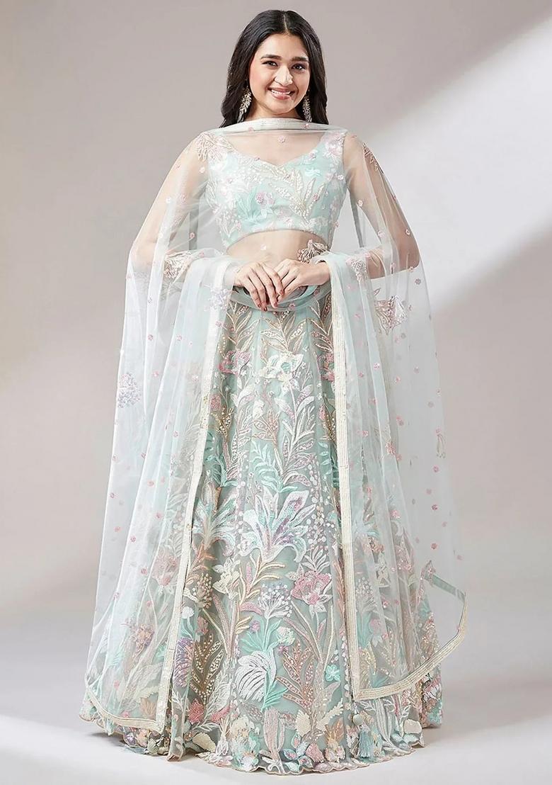 Light Green Embroidered Net Lehenga Set - Indya