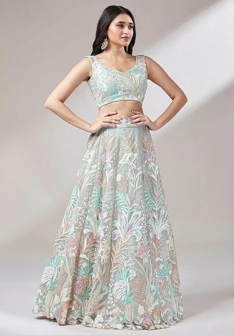 Light Green Embroidered Net Lehenga Set
