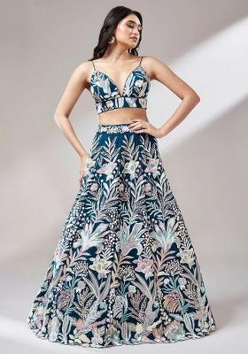 Teal Blue Embroidered Net Lehenga Set