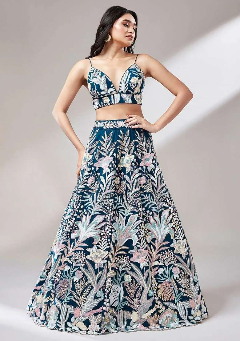 Teal Blue Embroidered Net Lehenga Set for Diwali and Festive Wear - Indya