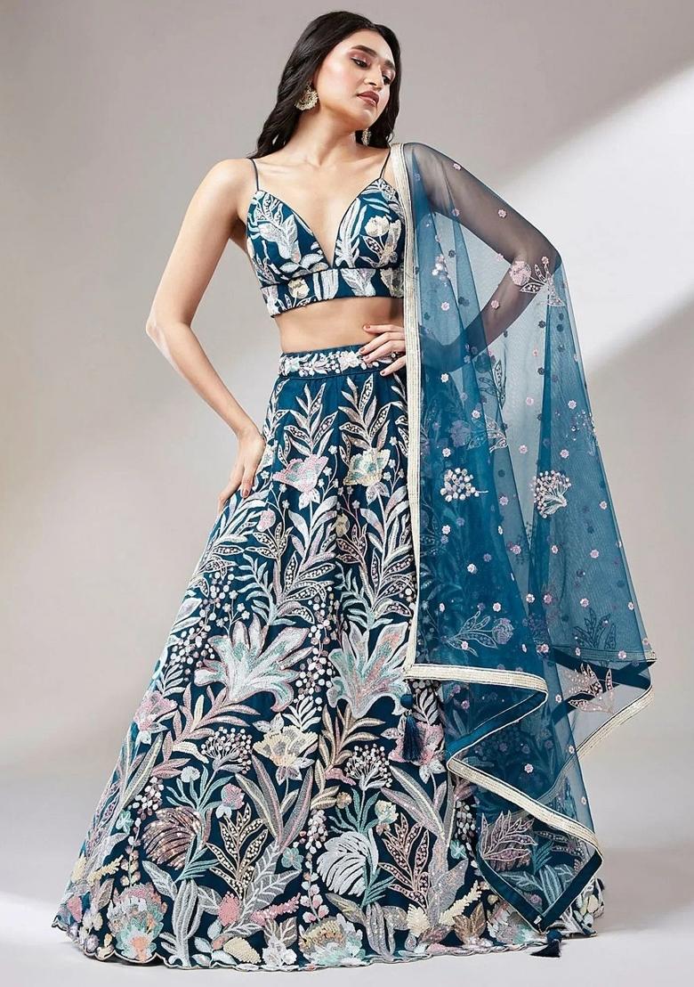Teal Blue Embroidered Net Lehenga Set - Indya