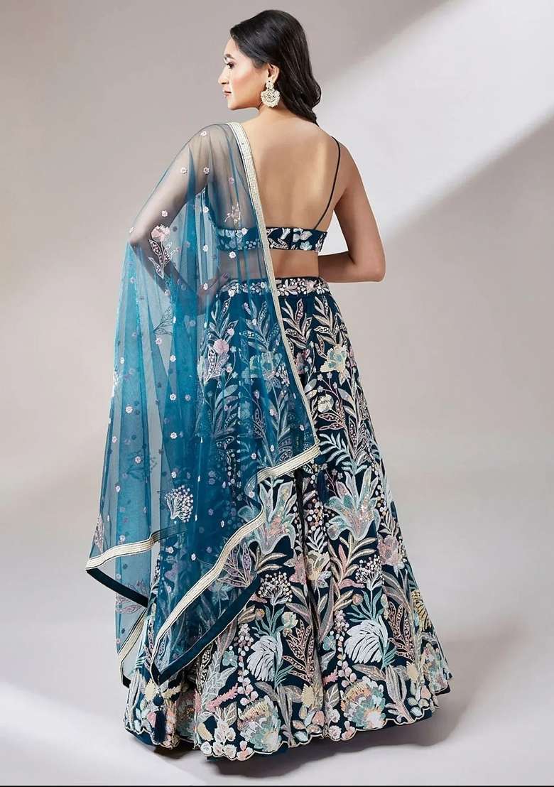 Teal Blue Embroidered Net Lehenga Set for Diwali and Festive Wear - Indya