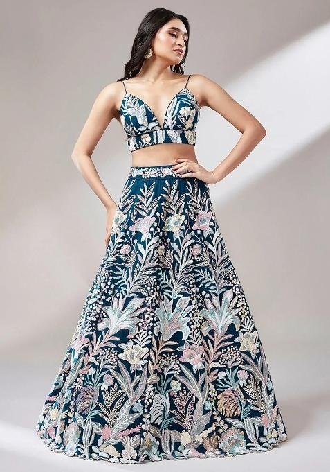 Teal Blue Embroidered Net Lehenga Set