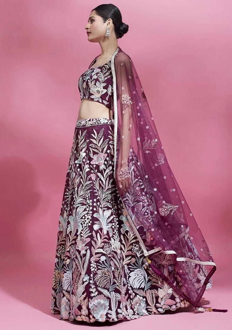 Wine Embroidered Net Lehenga Set - Indya
