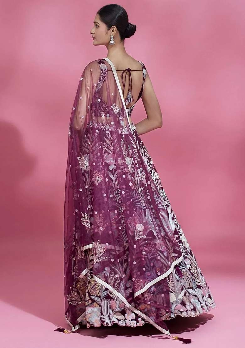 Wine Embroidered Net Lehenga Set for Diwali and Festive Wear - Indya