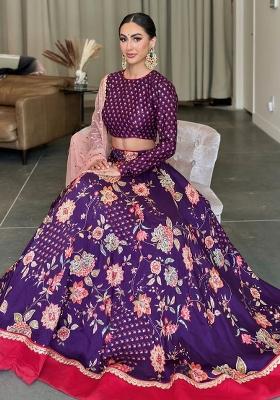Purple Printed Silk Lehenga Set