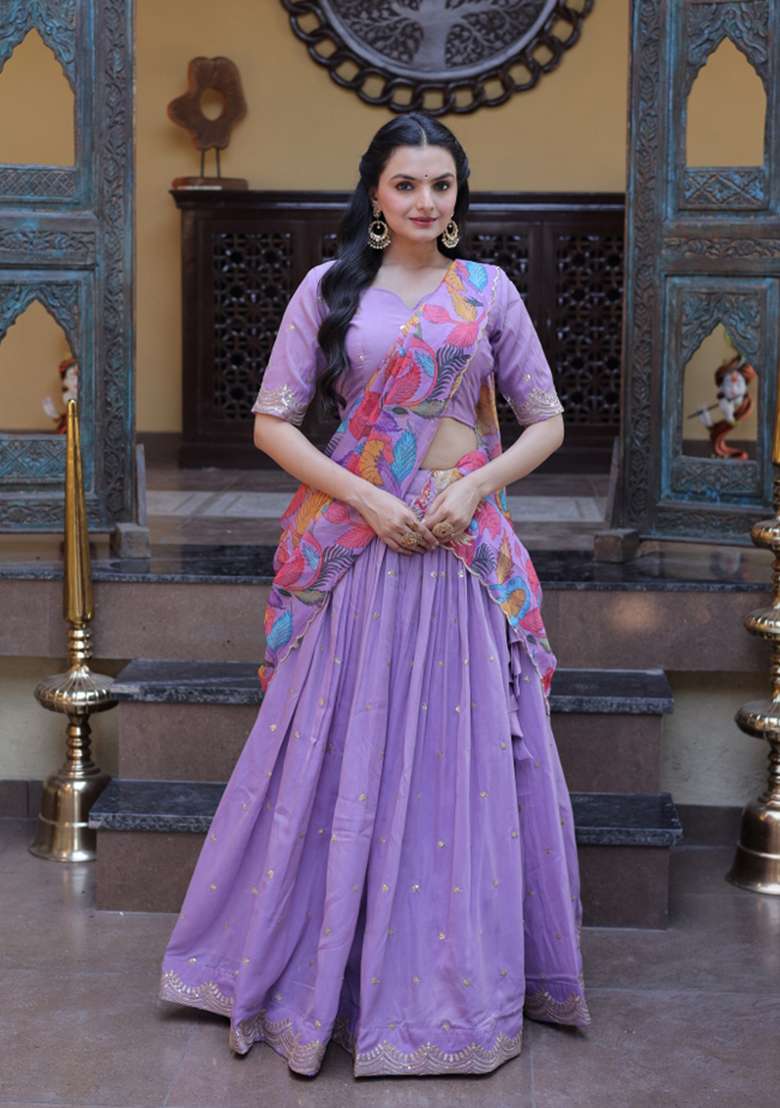 Purple Zari Work Silk Lehenga Set for Diwali and Festive Wear - Indya