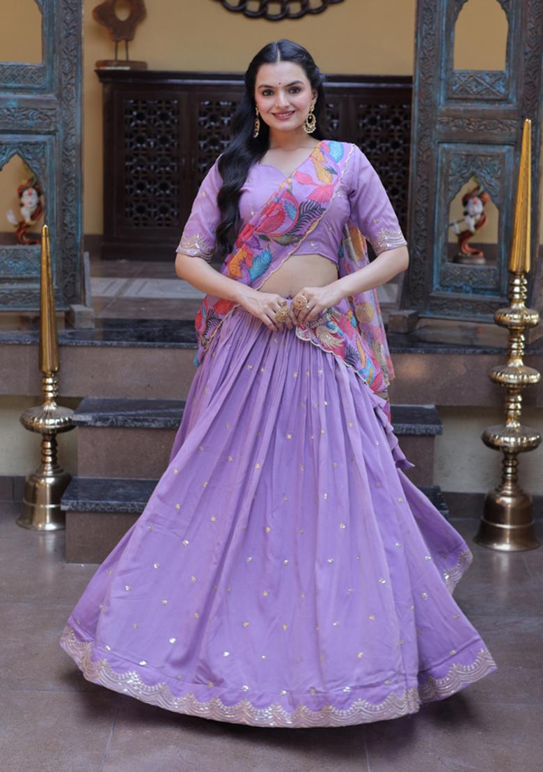 Purple Zari Work Silk Lehenga Set - Indya