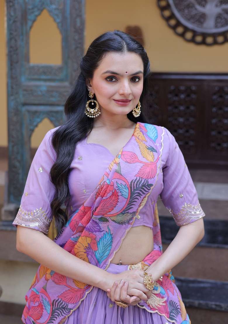 Purple Zari Work Silk Lehenga Set for Diwali and Festive Wear - Indya