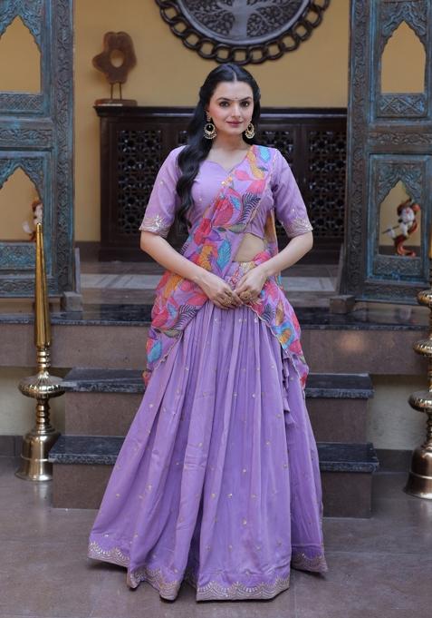 Purple Zari Work Silk Lehenga Set