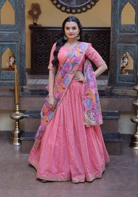 Peach Zari Work Silk Lehenga Set
