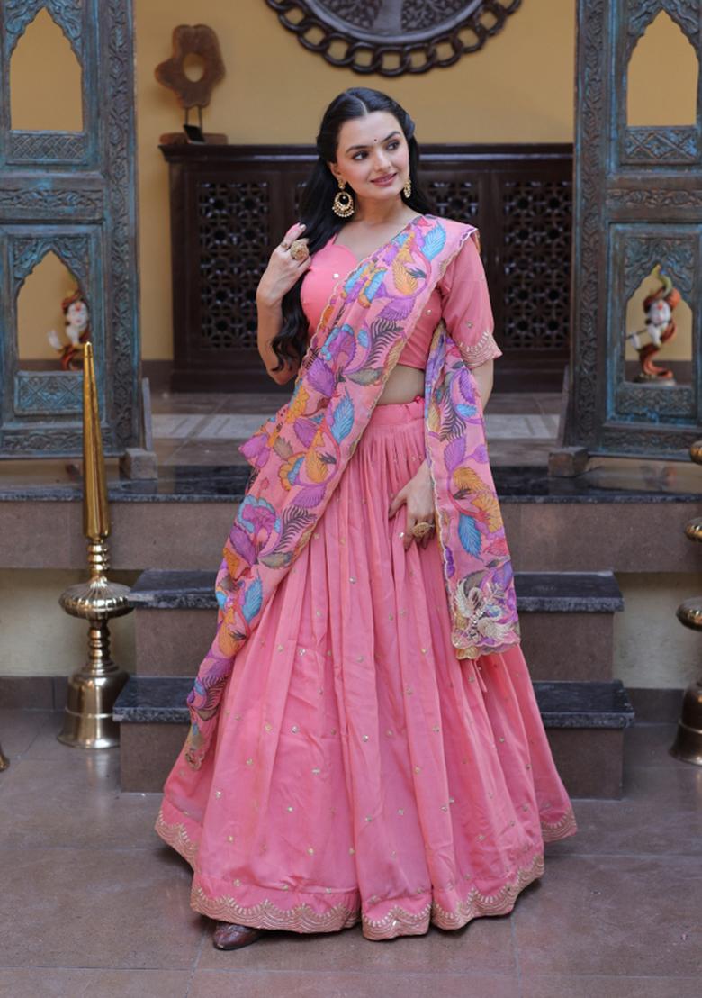 Peach Zari Work Silk Lehenga Set - Indya