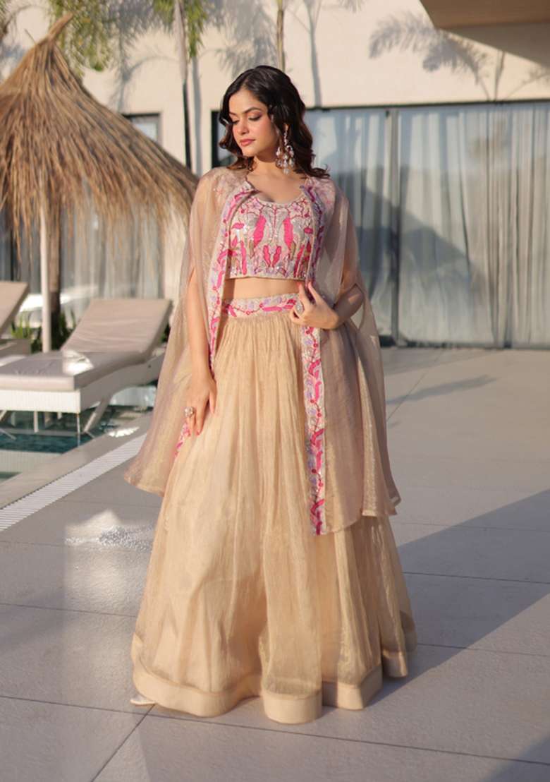 Off White Beads Work Silk Lehenga Set for Diwali and Festive Wear - Indya
