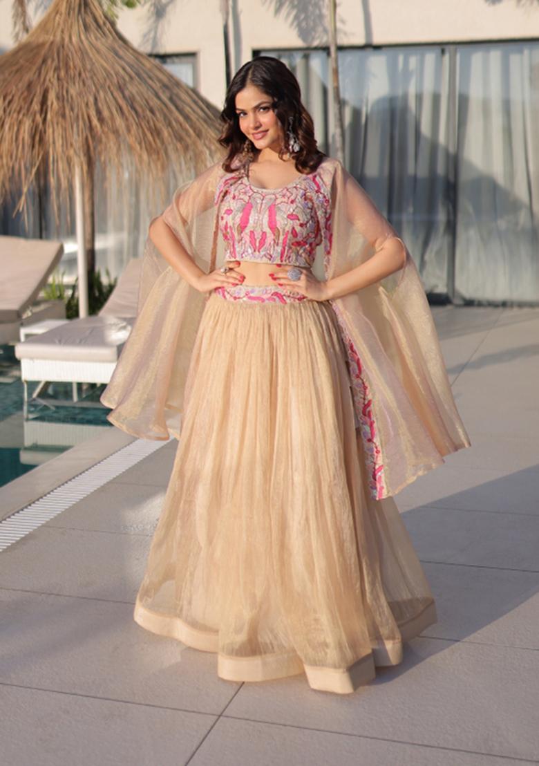 Off White Beads Work Silk Lehenga Set - Indya