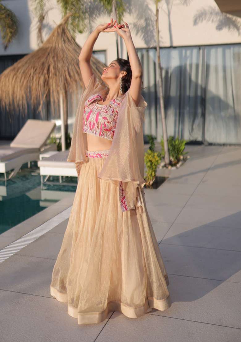Off White Beads Work Silk Lehenga Set for Diwali and Festive Wear - Indya
