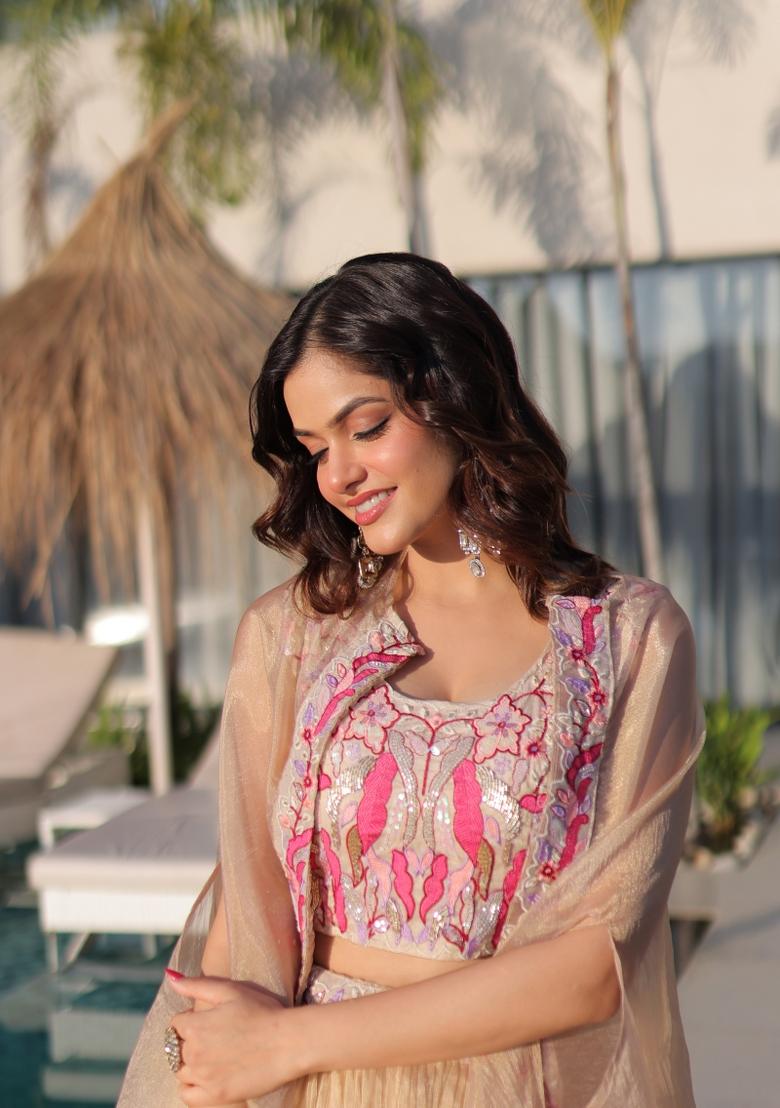 Off White Beads Work Silk Lehenga Set - Indya