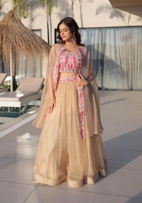Off White Beads Work Silk Lehenga Set