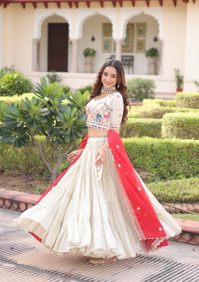 Red Frill Work Silk Lehenga Set - Indya