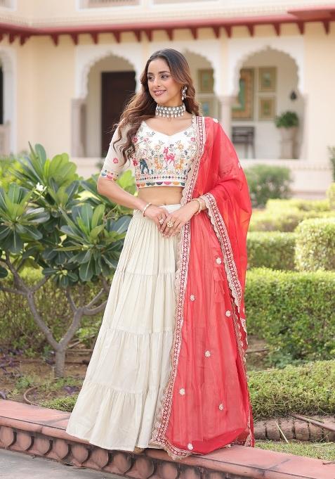 Red Frill Work Silk Lehenga Set