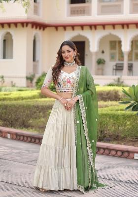 Green Frill Work Silk Lehenga Set