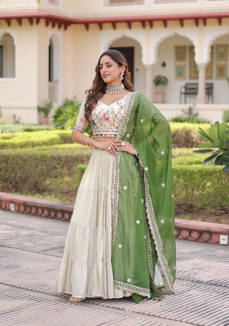 Green Frill Work Silk Lehenga Set - Indya
