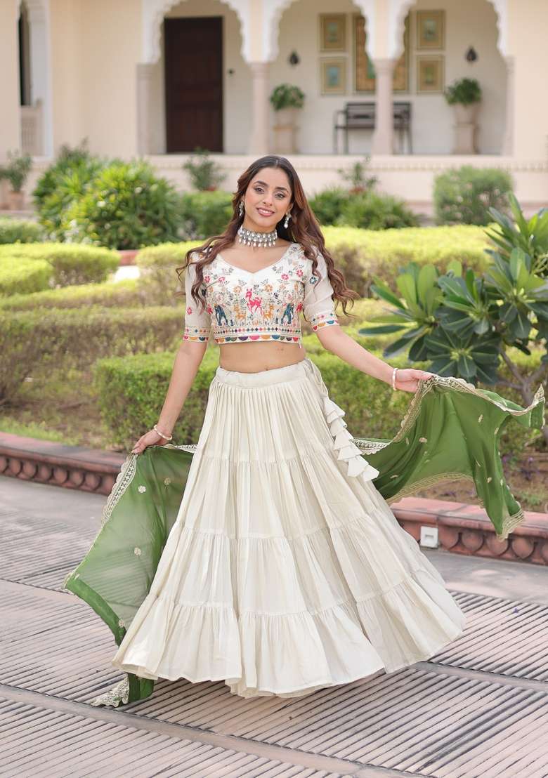 Green Frill Work Silk Lehenga Set for Diwali | Wedding & Festive Wear - Indya