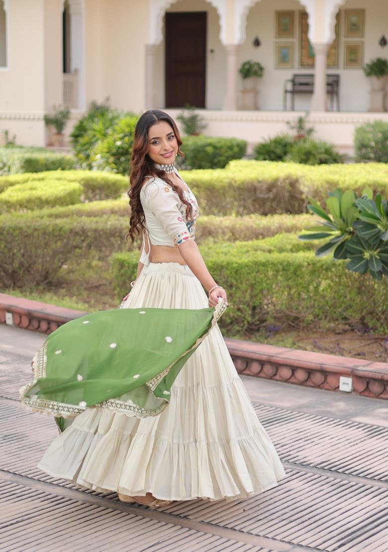 Green Frill Work Silk Lehenga Set - Indya