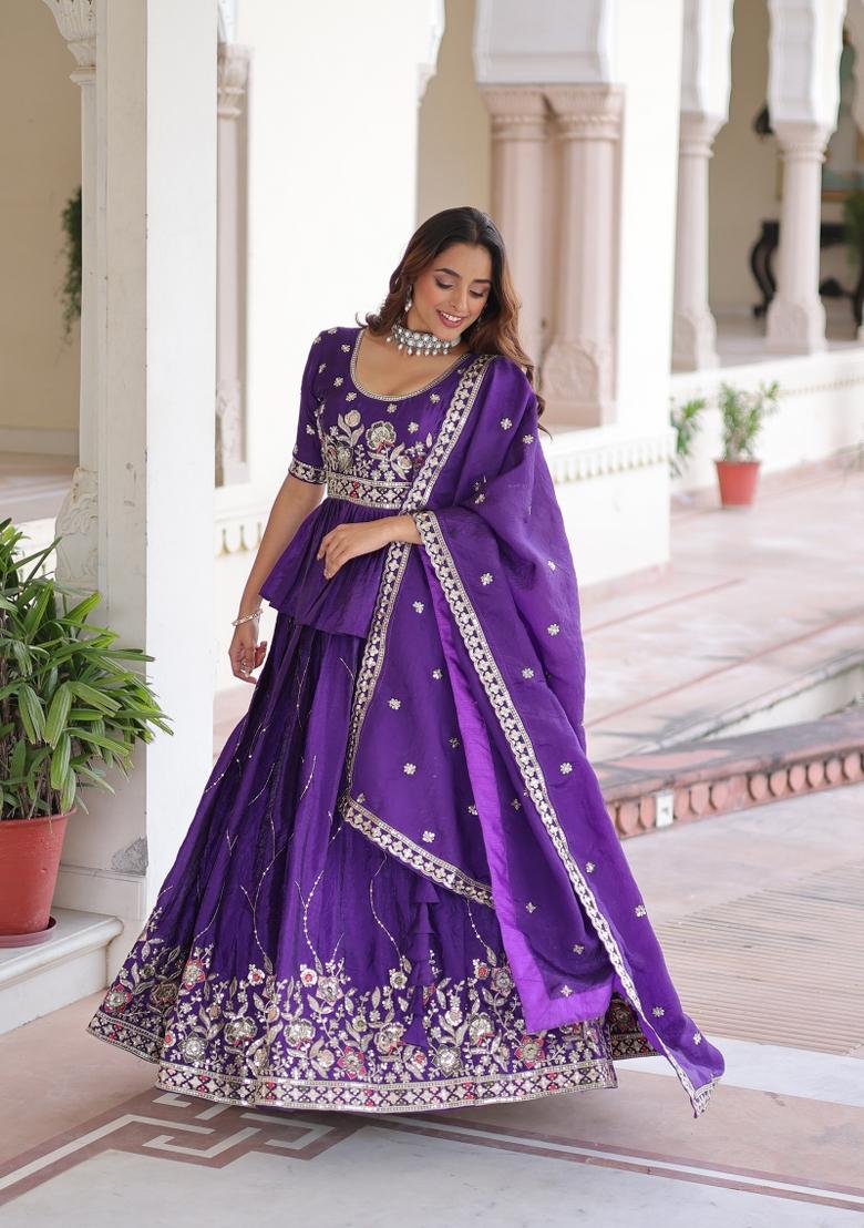 Purple Zari Work Gold Crush Lehenga Set - Indya