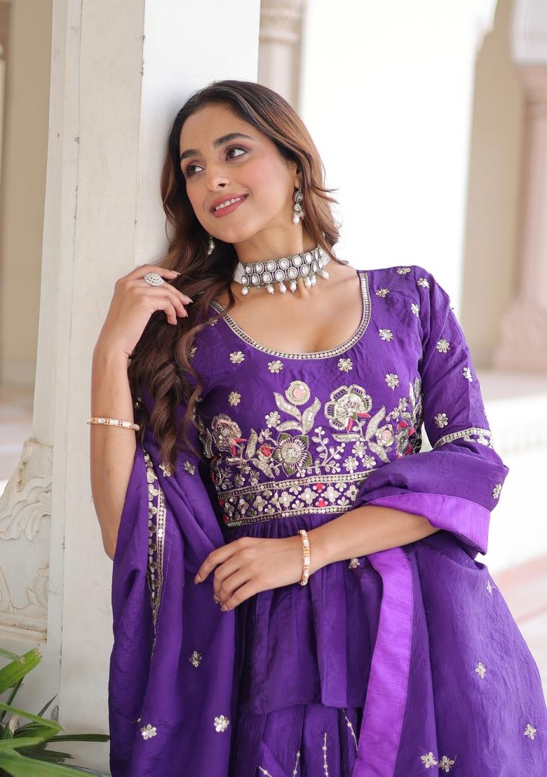 Purple Zari Work Gold Crush Lehenga Set - Indya