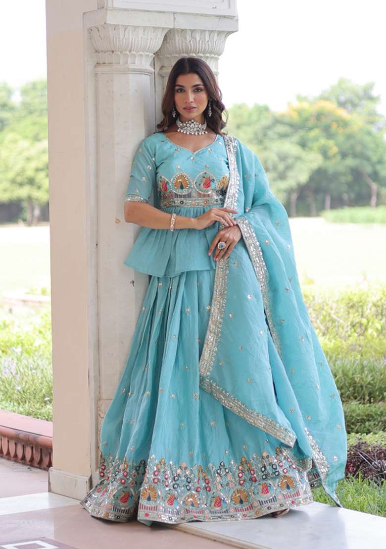 Sky Blue Gold Crush Lehenga Set with Zari Work for Diwali | Wedding & Festive Wear - Indya