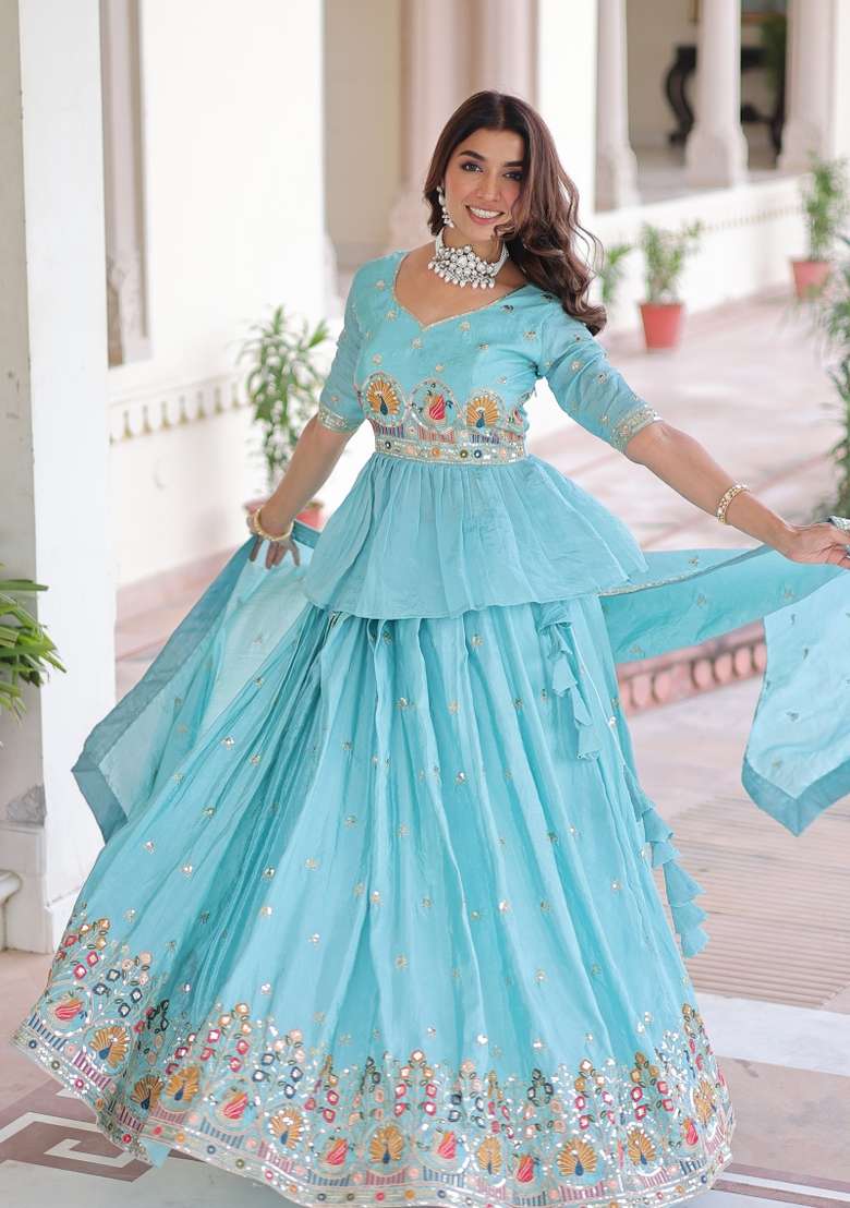 Sky Blue Gold Crush Lehenga Set with Zari Work for Diwali | Wedding & Festive Wear - Indya