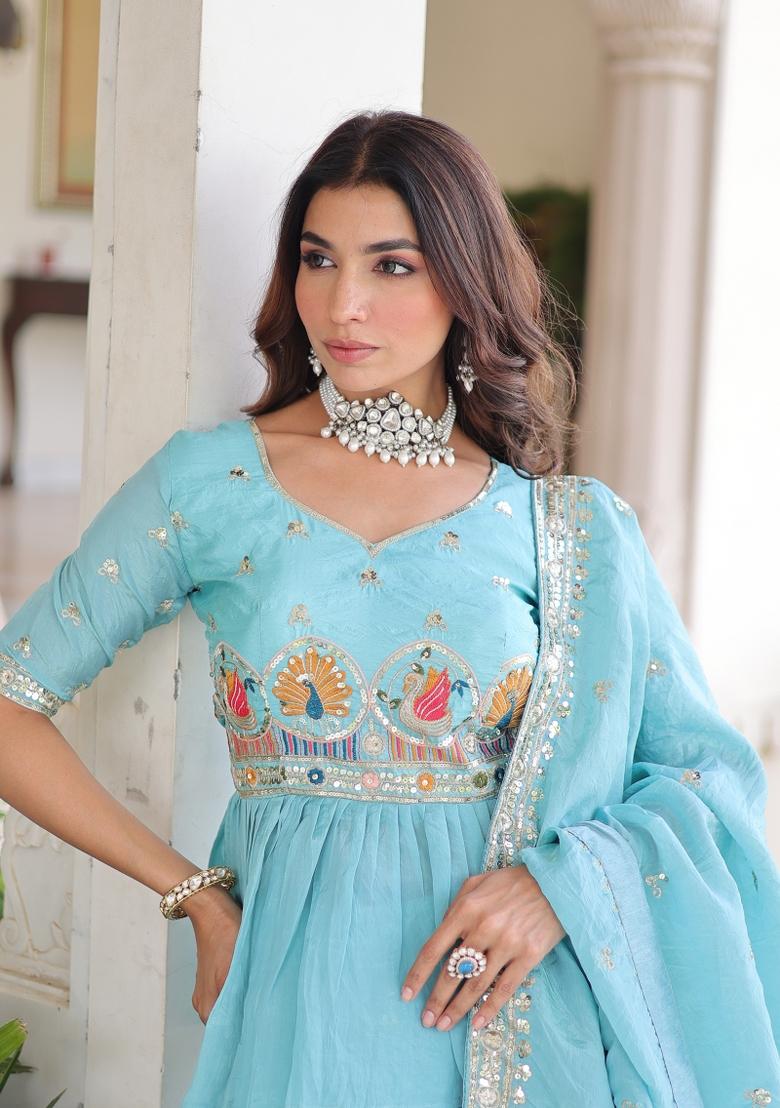 Sky Blue Zari Work Gold Crush Lehenga Set - Indya