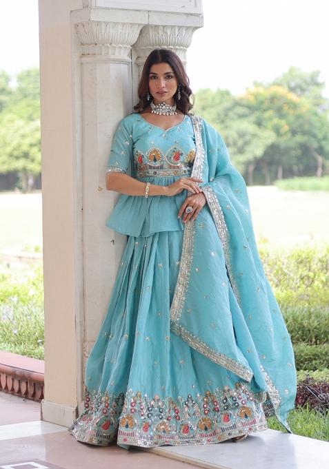 Sky Blue Zari Work Gold Crush Lehenga Set