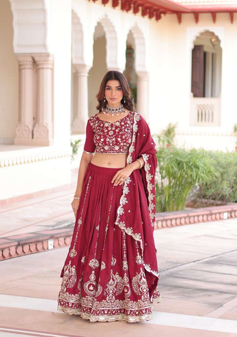 Maroon Embroidered Silk Lehenga Set for Diwali and Festive Wear - Indya