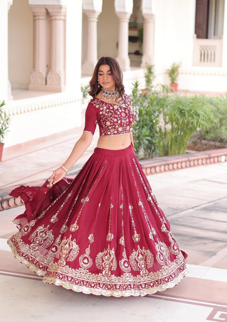 Maroon Embroidered Silk Lehenga Set - Indya